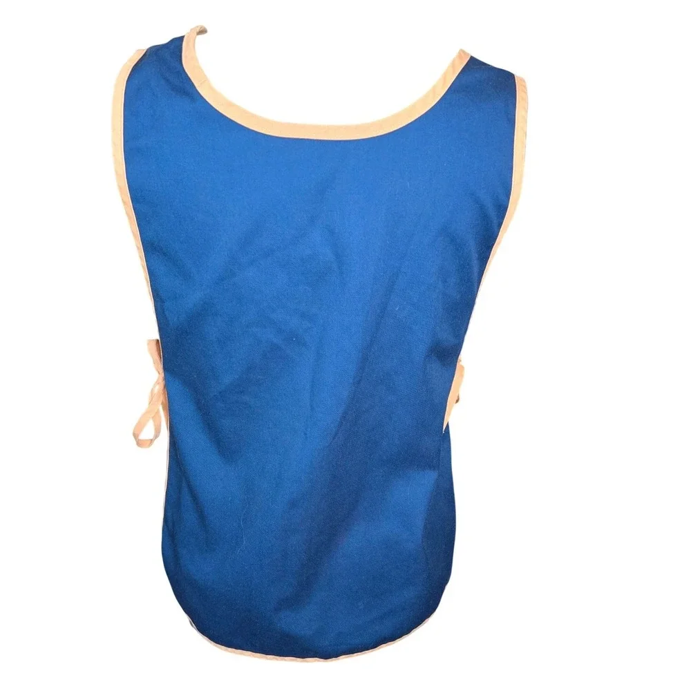 Retro‎ Mod Blue Cotton Tabard Apron Pink Trim Dogwood Blossom Applique Vintage M